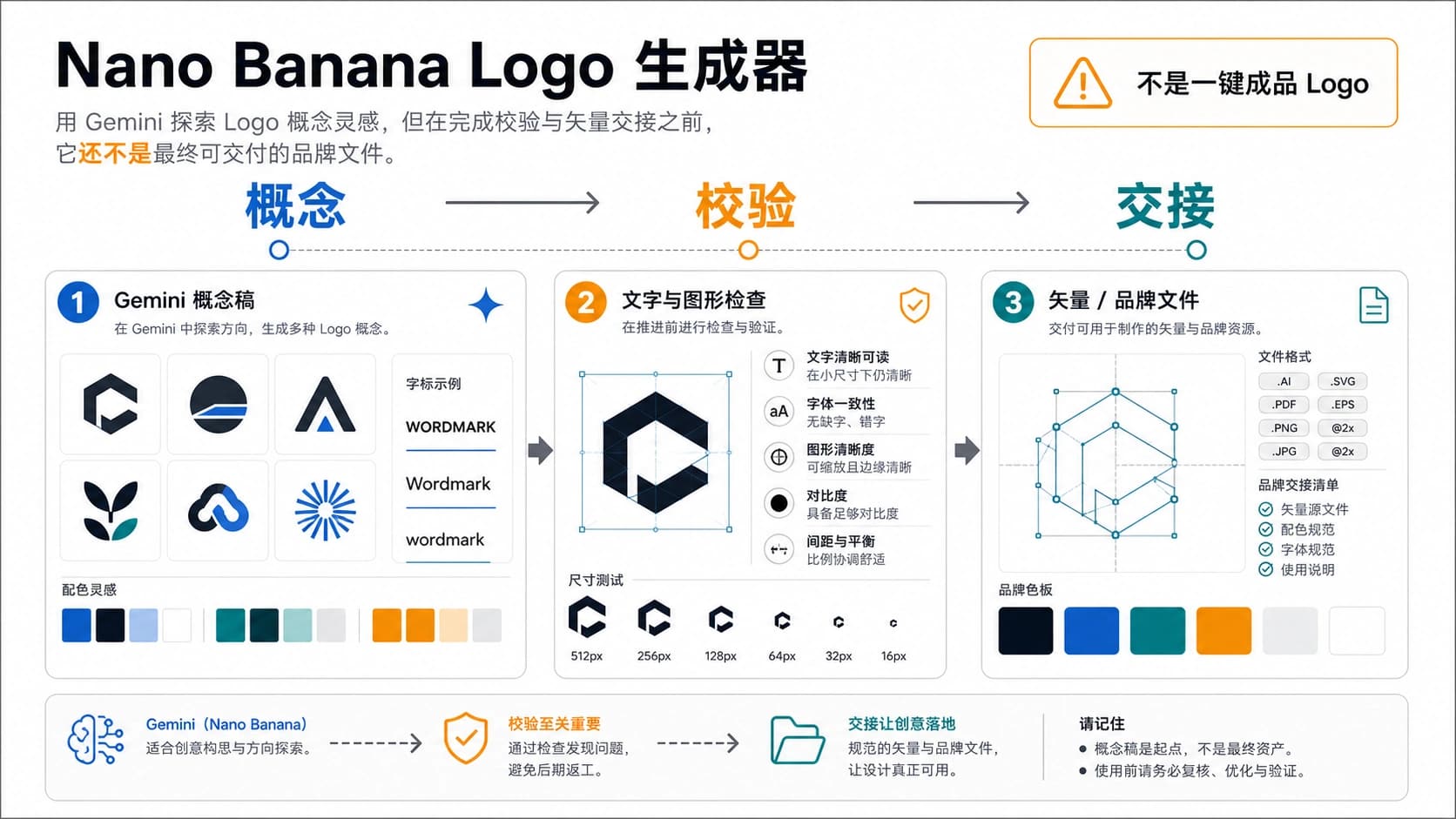 Nano Banana Logo 工作流封面,展示概念、验收和矢量交接阶段