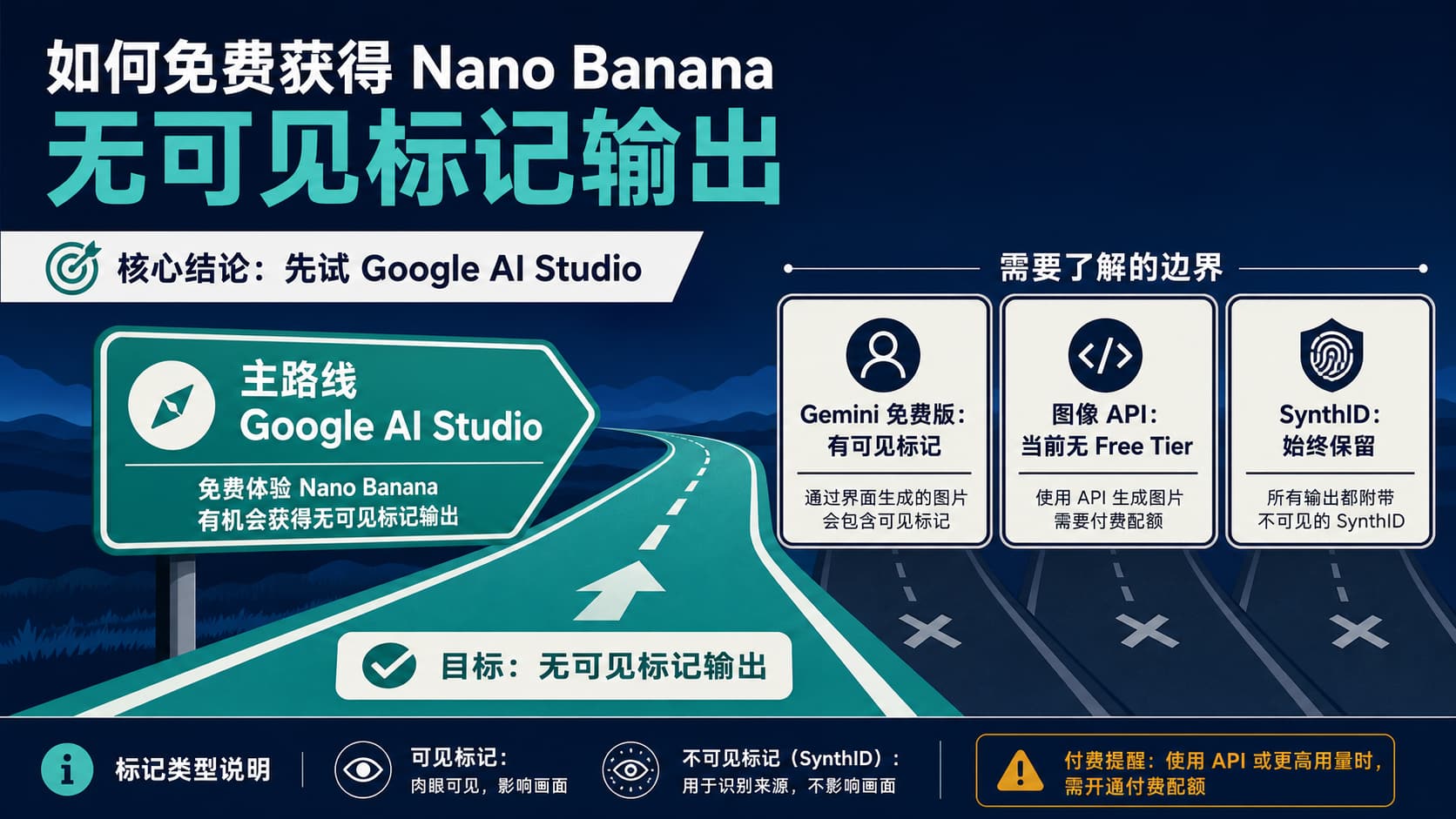 Nano Banana 免费试用、消费端、API 与 SynthID 四路选择图