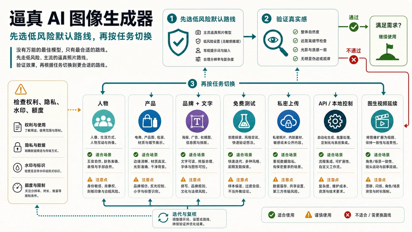 逼真 AI 图像生成器路线板,按默认路线、任务切换、私密上传、API 控制和图生视频延续选择工具