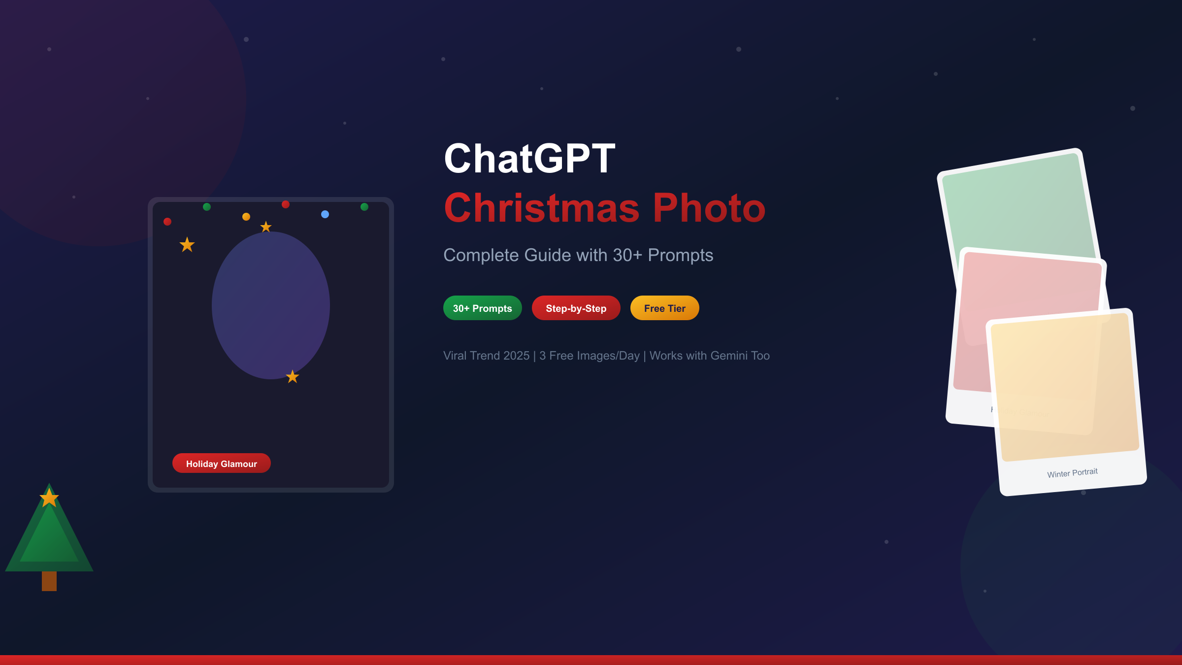 ChatGPT Christmas Photo Guide showing AI-generated holiday glamour portraits and festive scenes created with DALL-E image generation