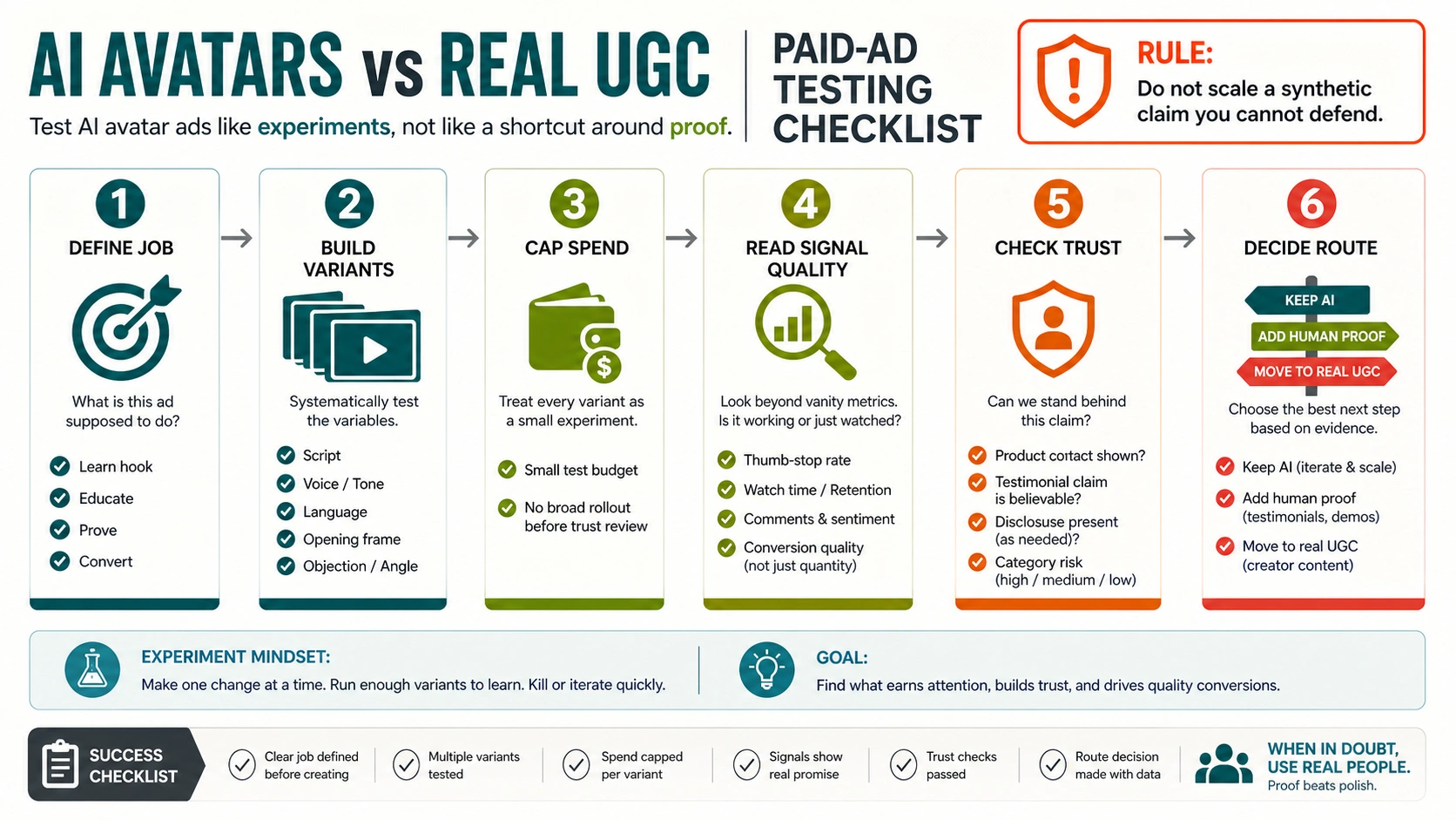 Paid-ad testing checklist for classifying campaign job, proof burden, disclosure risk, and next route