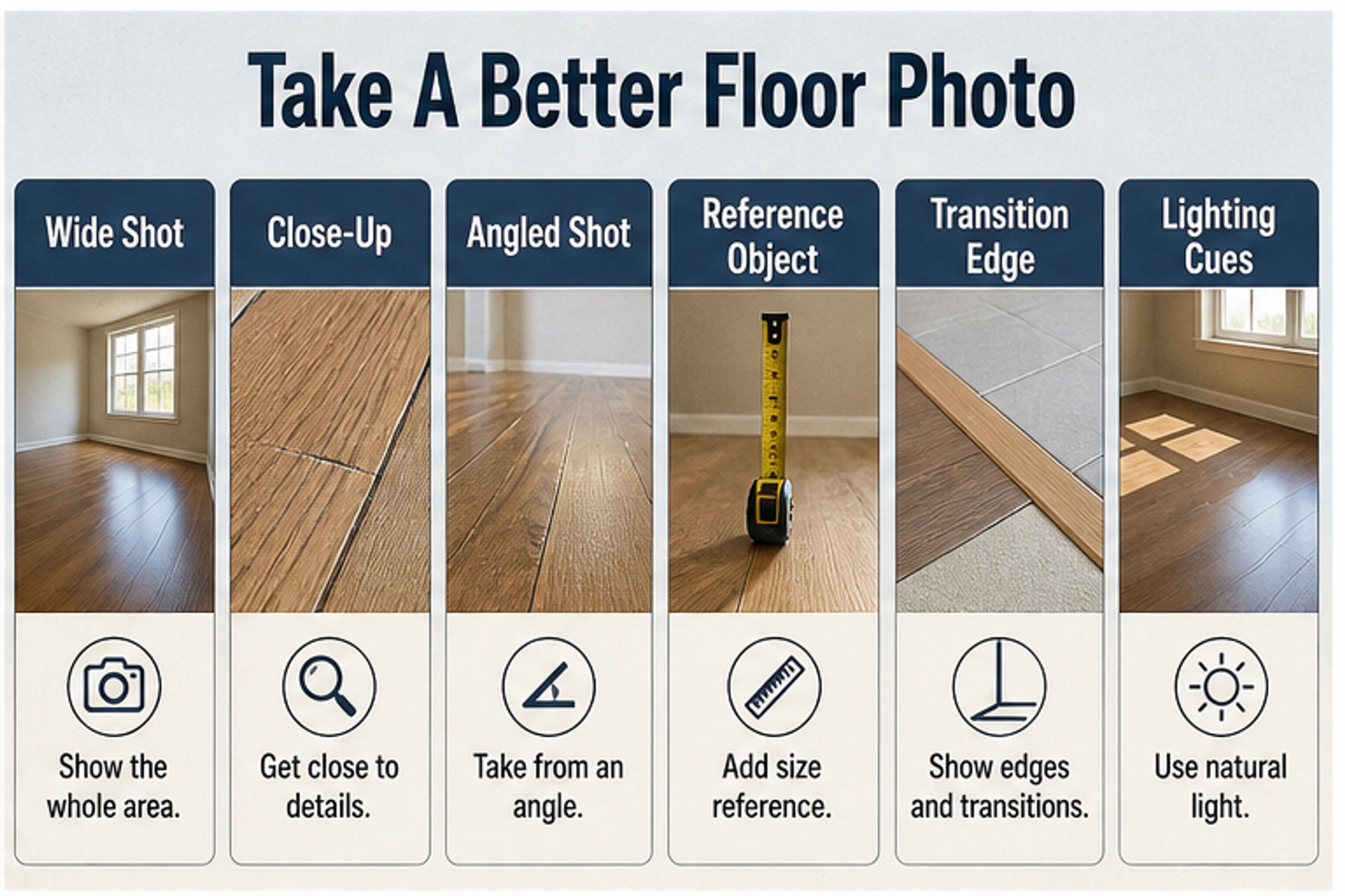 Checklist showing wide shot, close-up, angle, reference object, edge, and light for a better floor photo.