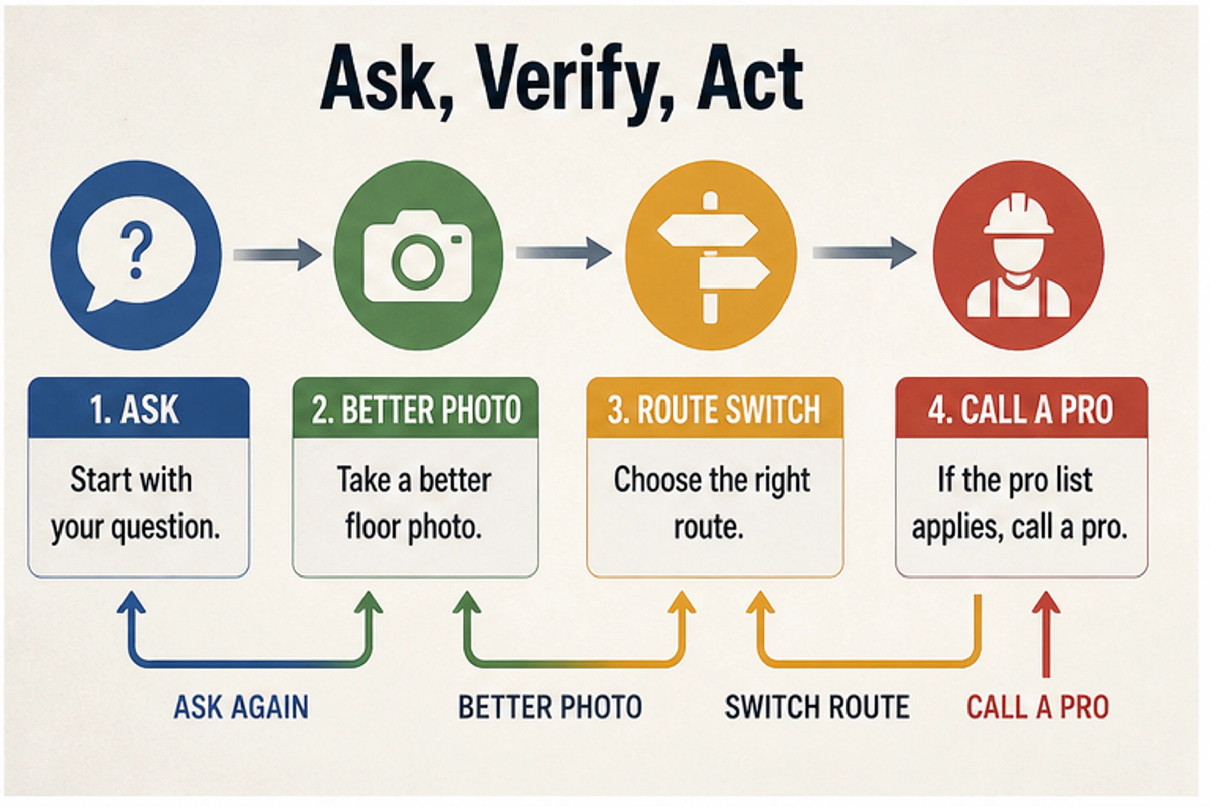 Prompt workflow for asking, improving the photo, switching routes, and calling a professional.