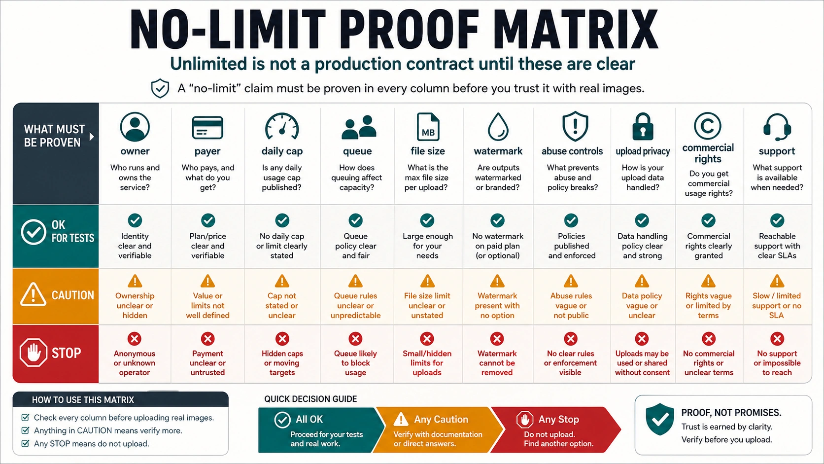 No-limit proof matrix for upload-capable AI image creators