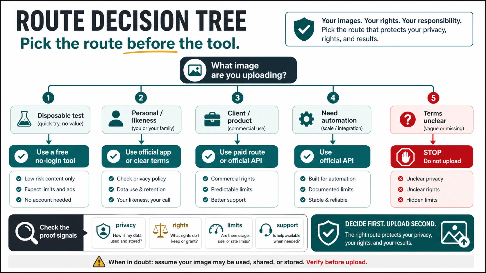 Route decision tree for choosing an AI image creator with uploads
