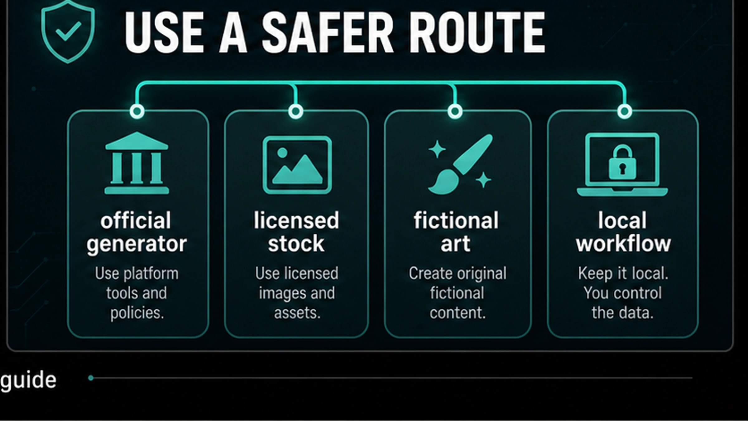 Safer route map showing official generators, licensed stock, fictional art, and local workflows for legitimate image-generation jobs