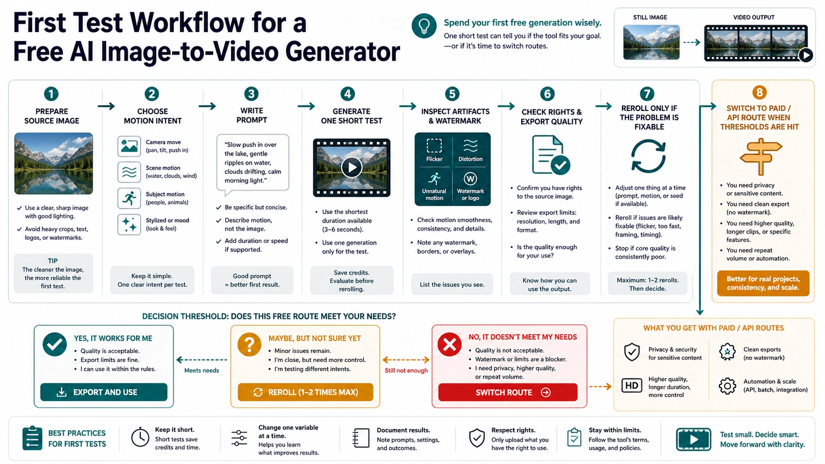Workflow for spending the first free AI image-to-video generation and deciding when to switch route
