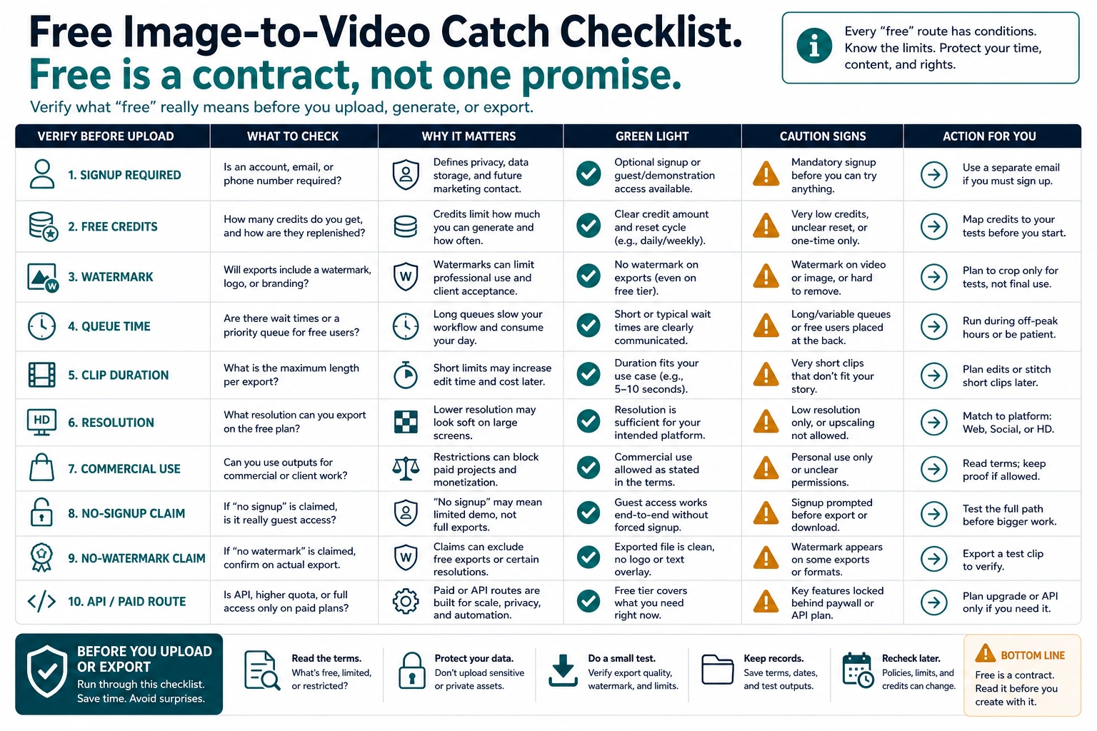 Checklist for verifying what a free AI image-to-video generator promise actually includes