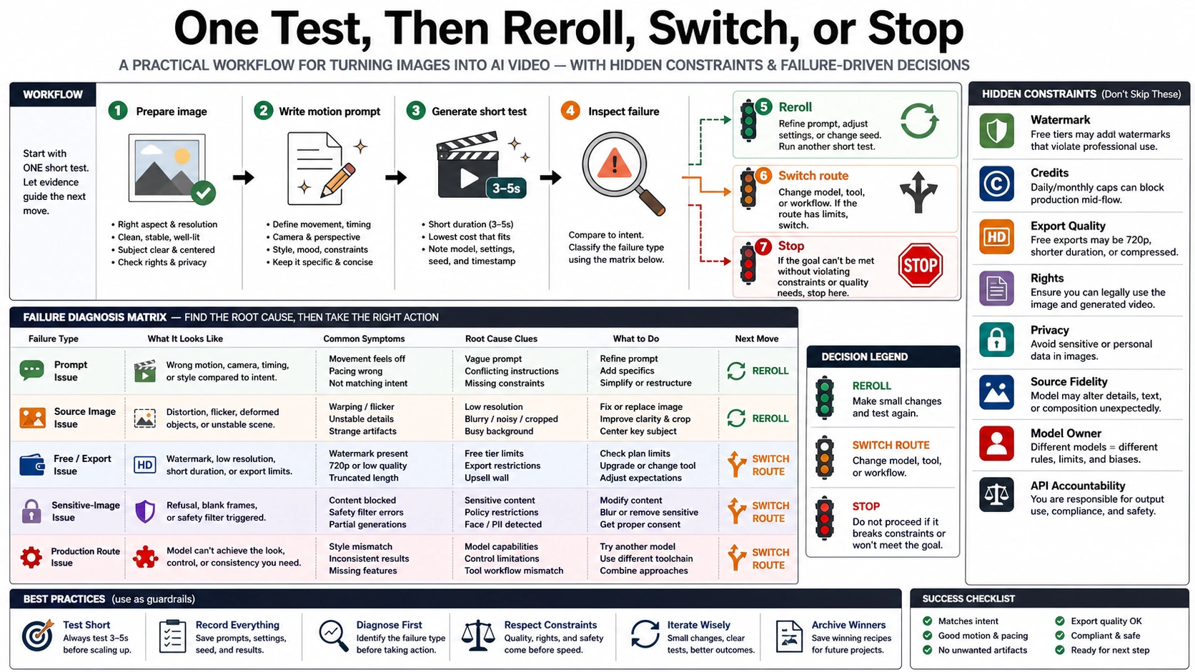 One-test workflow for rerolling, switching route, or stopping an AI image-to-video attempt after failure diagnosis.