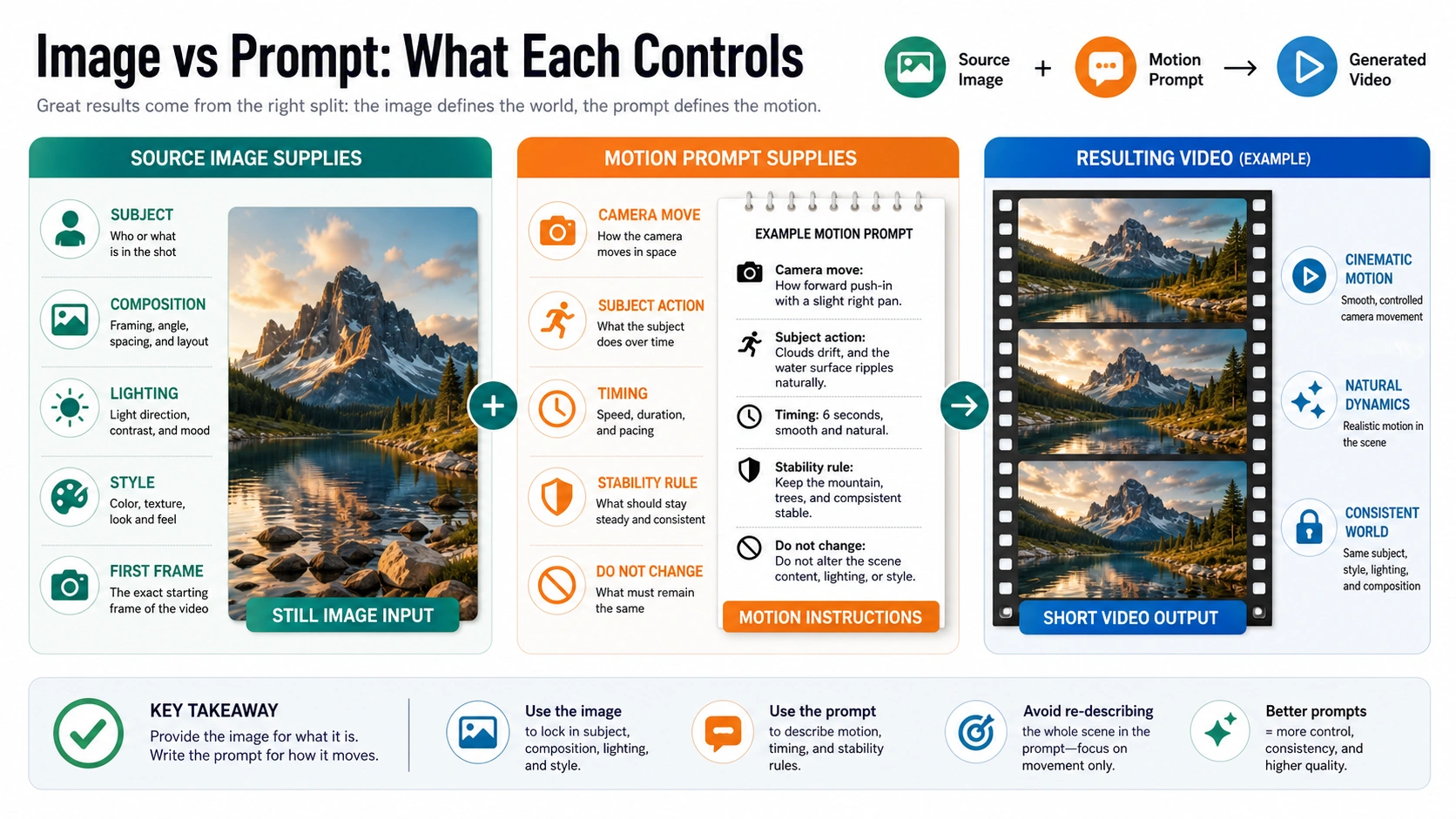 Image versus prompt control board showing what the source image fixes and what the motion prompt should describe.