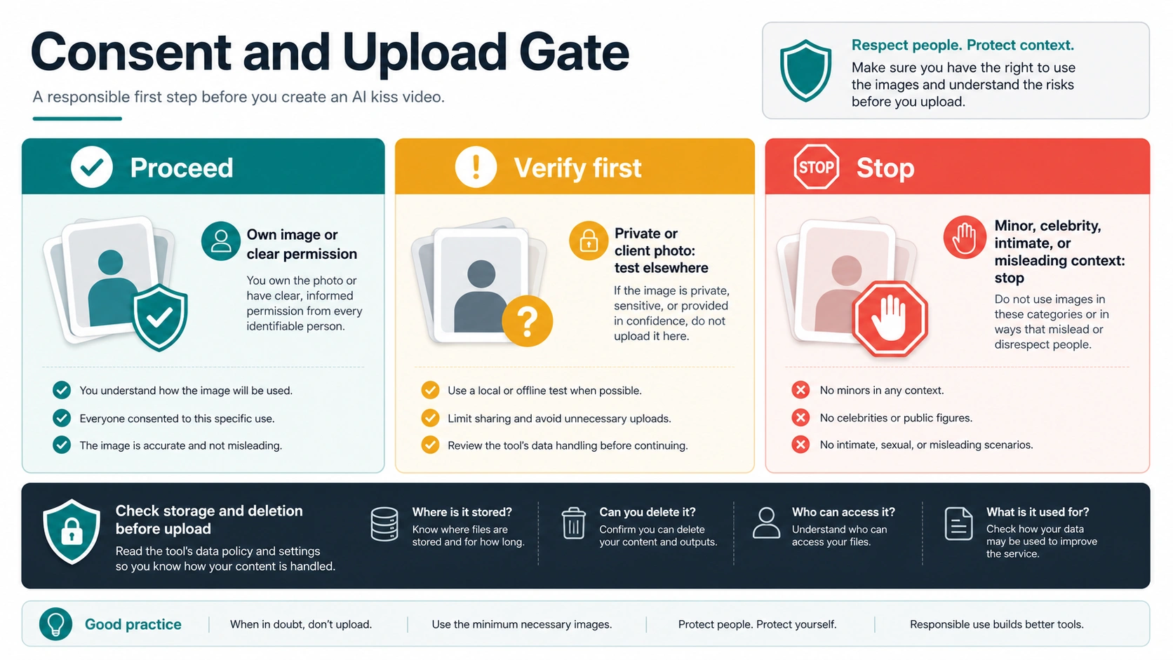 Consent and upload-risk gate for AI kiss video tools
