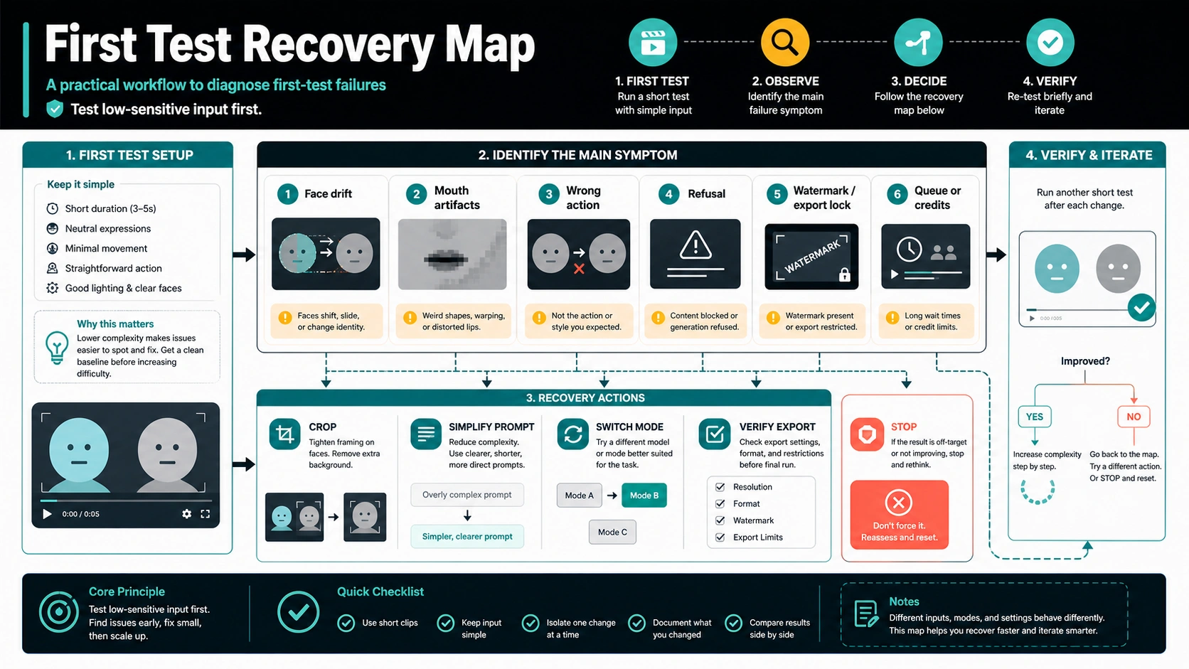 First-test recovery map for AI kiss video failures