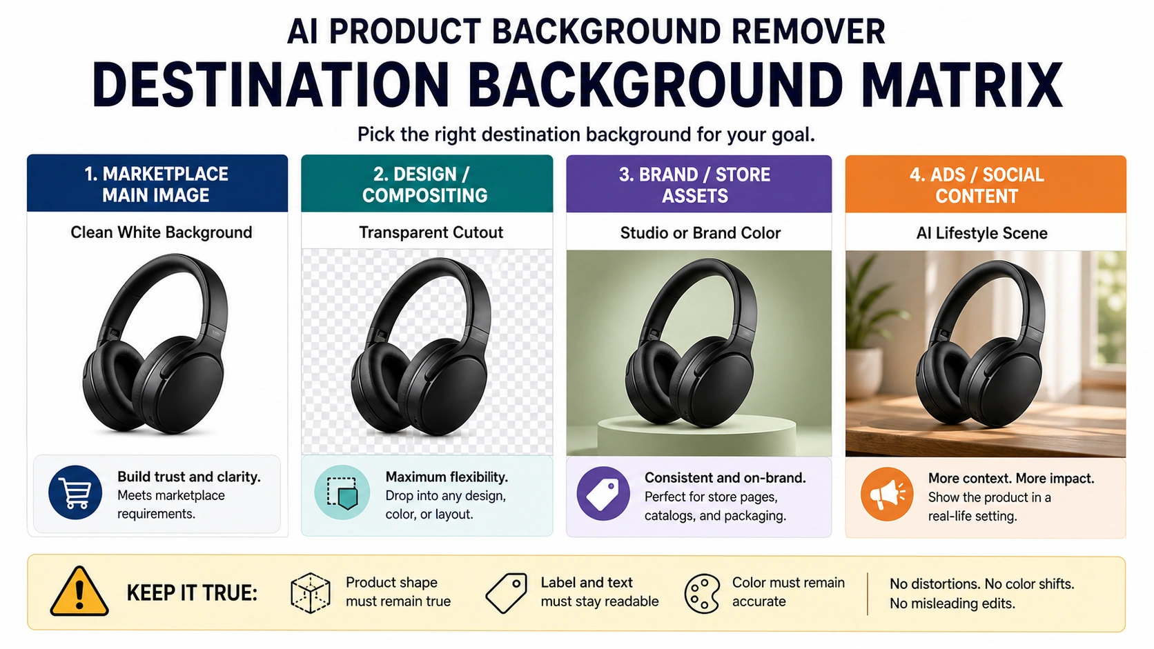 Destination matrix comparing marketplace white background, transparent cutout, studio background, and AI lifestyle scene.