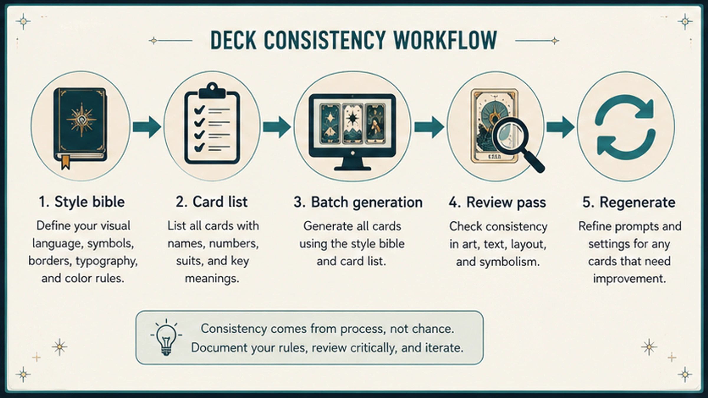 Workflow for keeping an AI tarot deck consistent from style bible to card list, batch generation, review, and regeneration
