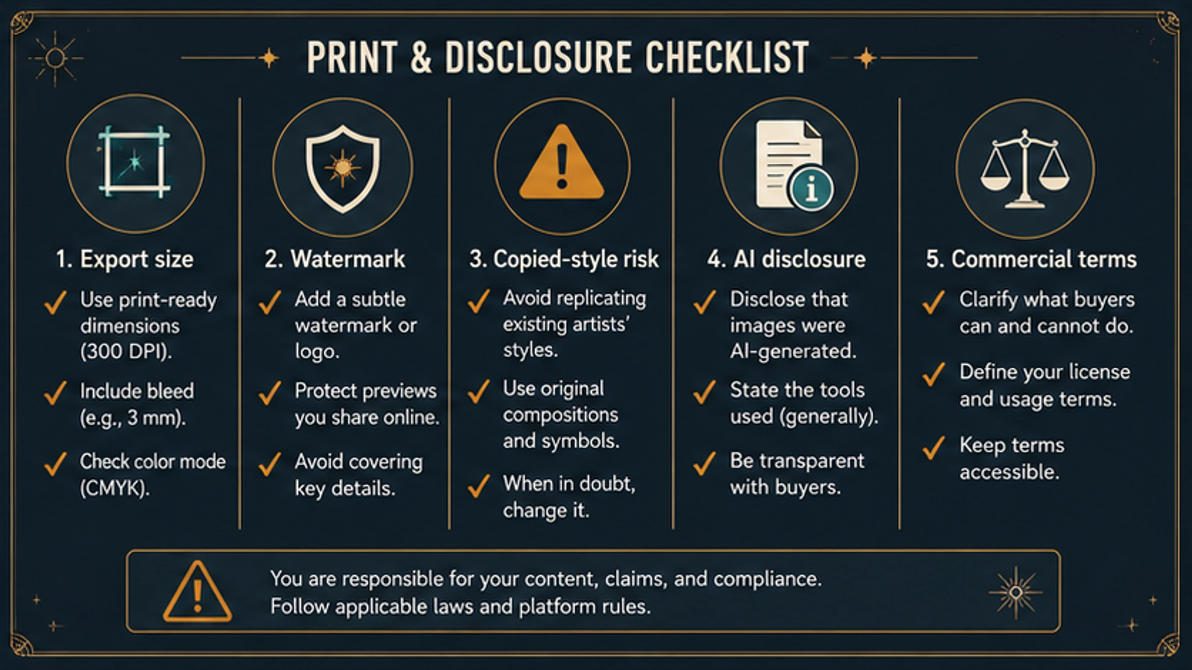 Checklist for export size, watermark, copied-style risk, AI disclosure, and commercial terms before printing or selling AI tarot cards