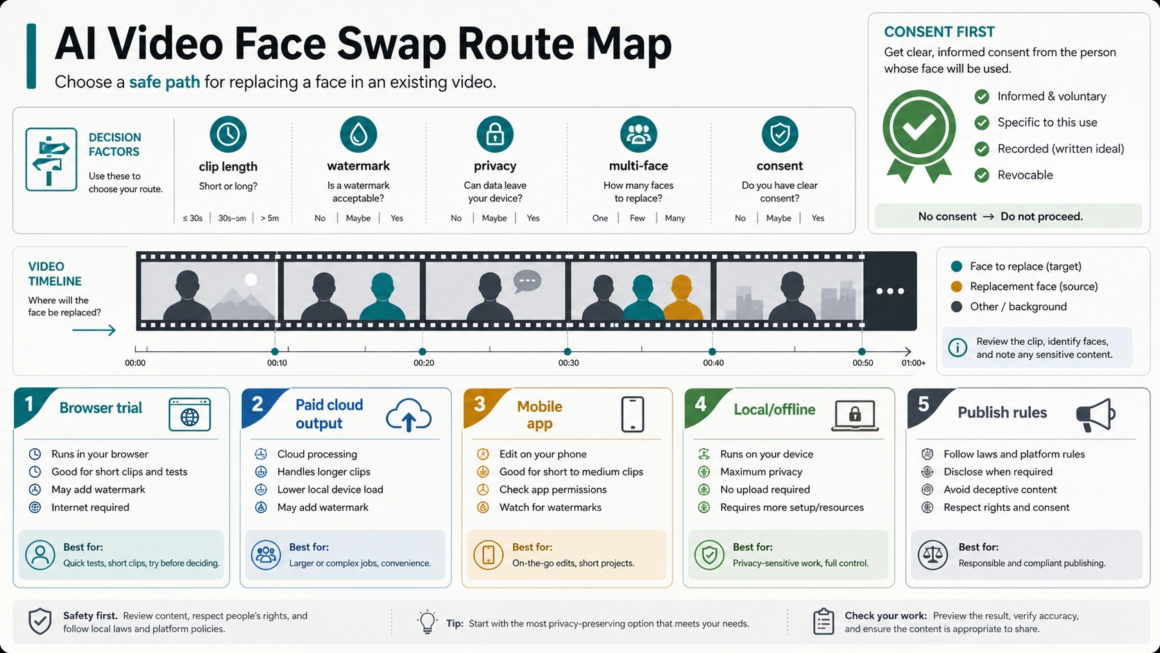 Video face-swap route map for browser, cloud, mobile, local, and publishing-rule choices