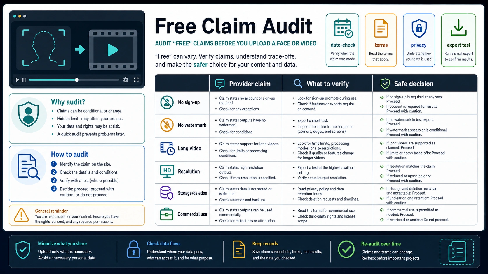 Audit matrix for free video face-swap claims such as no sign-up, watermark, long video, privacy, and commercial use