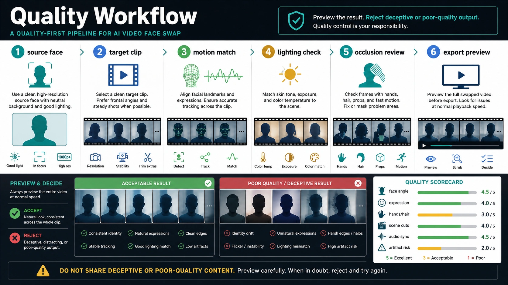 Quality workflow for video face-swapping covering source face, target clip, motion, lighting, occlusion, and export preview