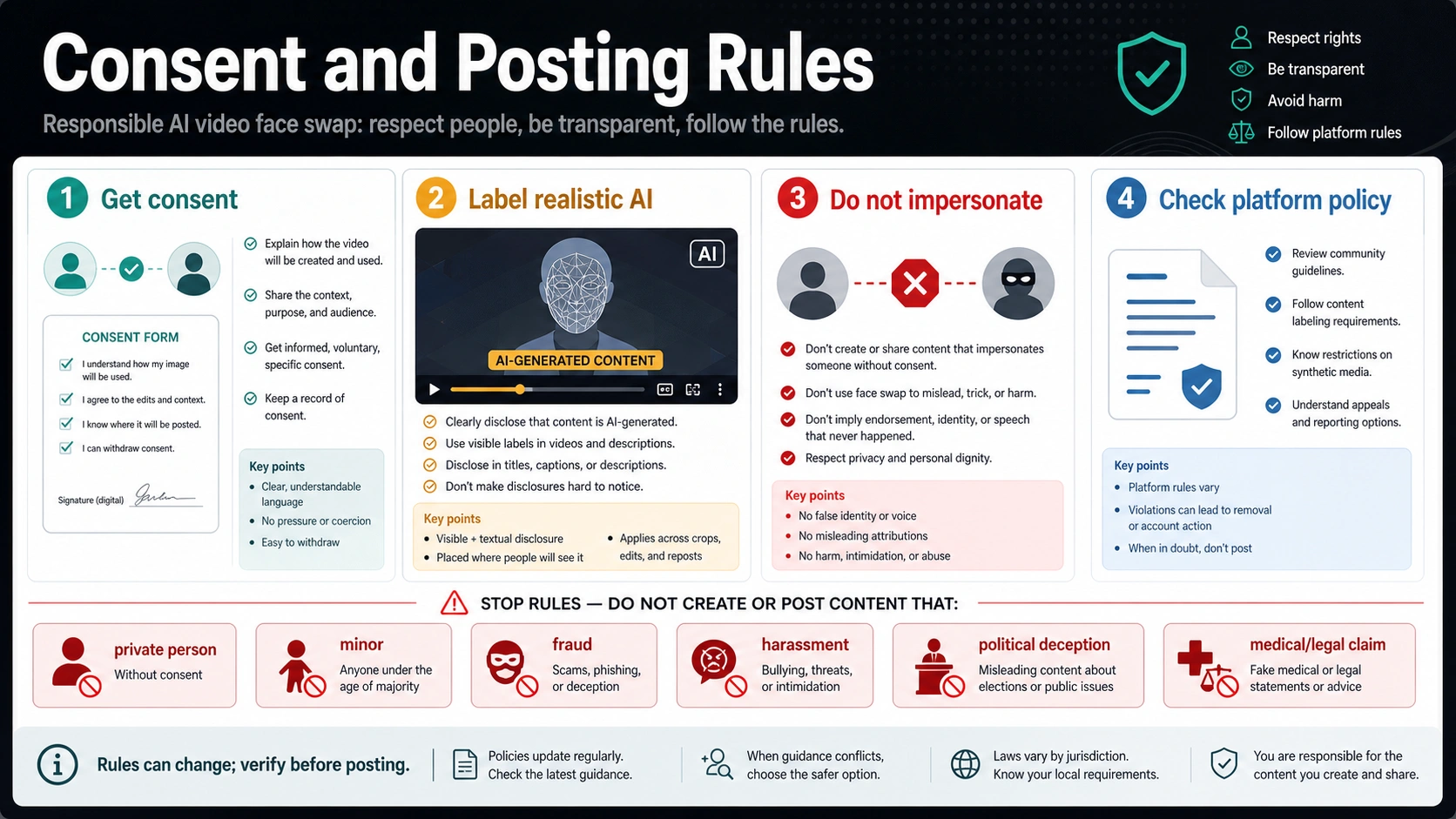 Consent and posting rules for video face-swapping covering disclosure, impersonation, minors, fraud, harassment, and policy checks