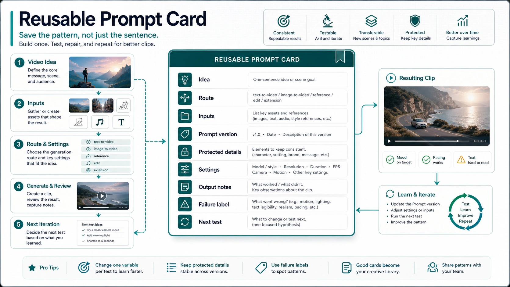 Reusable prompt card for saving AI video prompt patterns and next tests