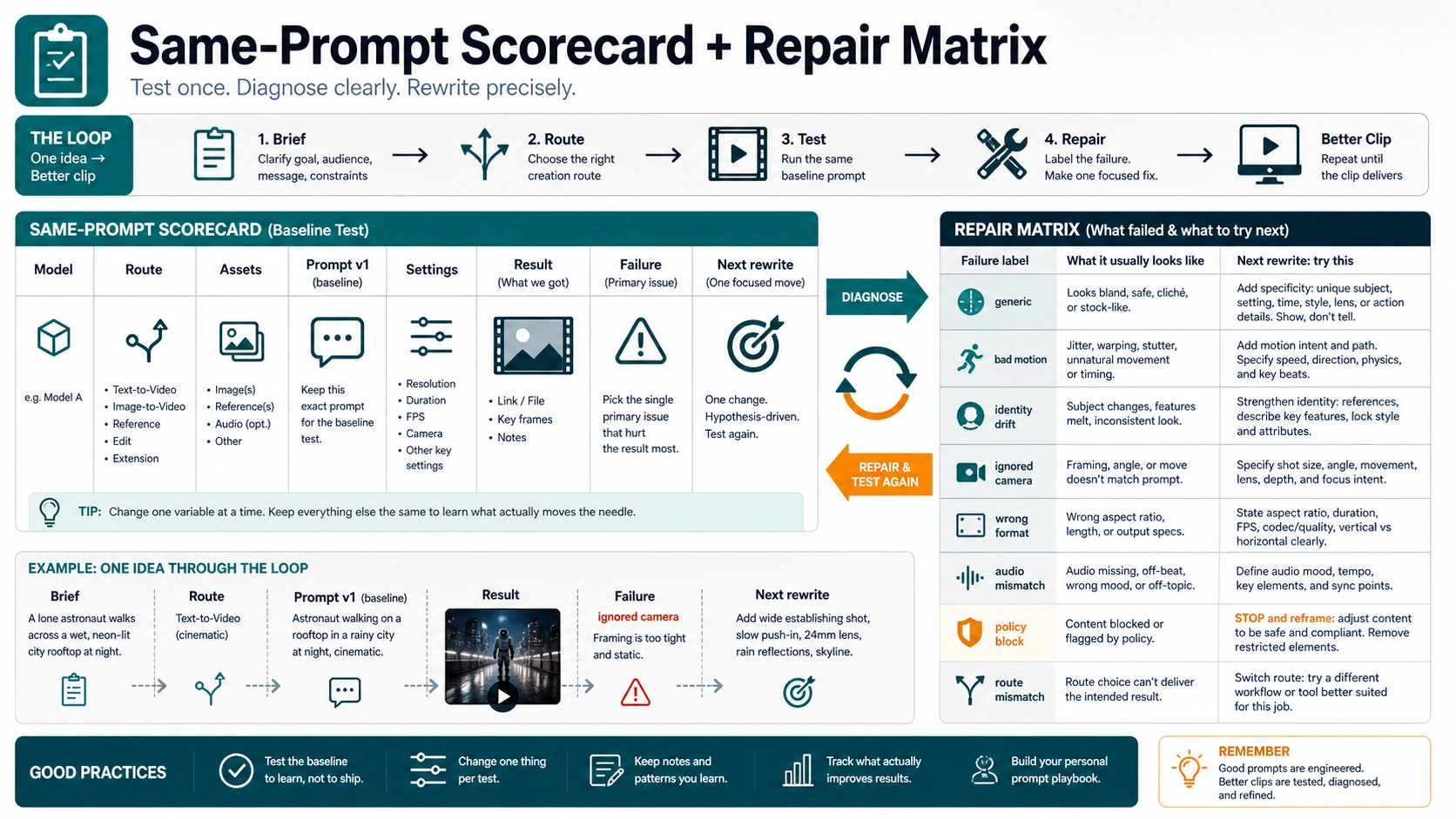 Same-prompt scorecard and repair matrix for diagnosing failed AI video outputs