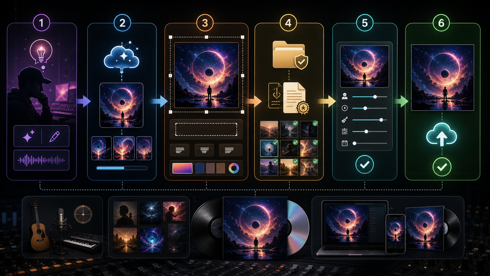 AI album cover workflow from prompt idea to generated art, manual text adjustment, rights proof, metadata check, and upload
