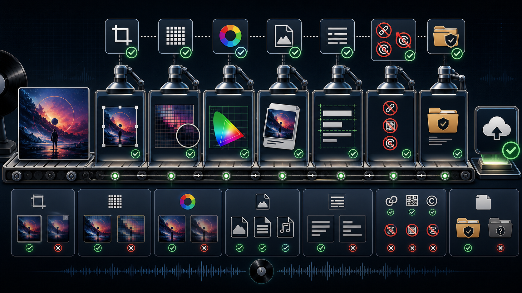 Album cover export checklist showing square crop, resolution, color, file type, text, rejection risks, rights proof, and upload readiness