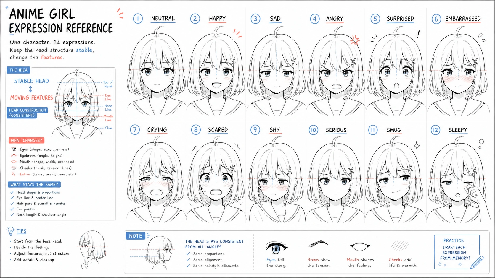 Original anime girl expression reference sheet with neutral, happy, sad, angry, surprised, shy, crying, scared, serious, smug, sleepy, and embarrassed faces