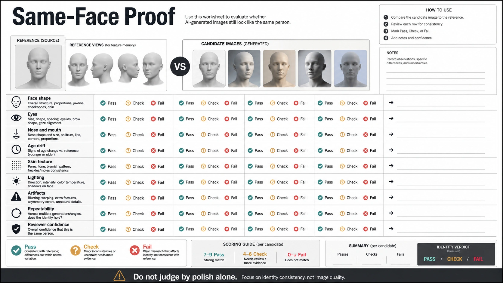 Same-face proof worksheet for checking likeness, age drift, artifacts, repeatability, and reviewer confidence