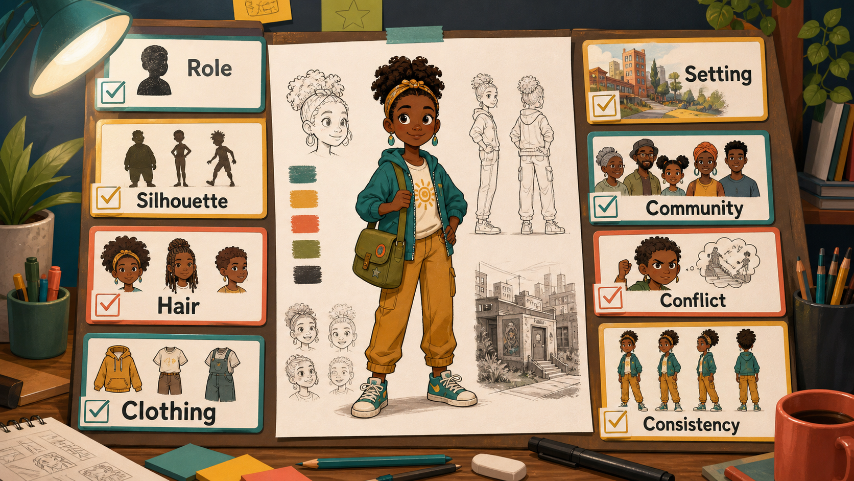 Original Black cartoon character design checklist covering role, silhouette, hair, clothing, setting, community, conflict, and consistency.