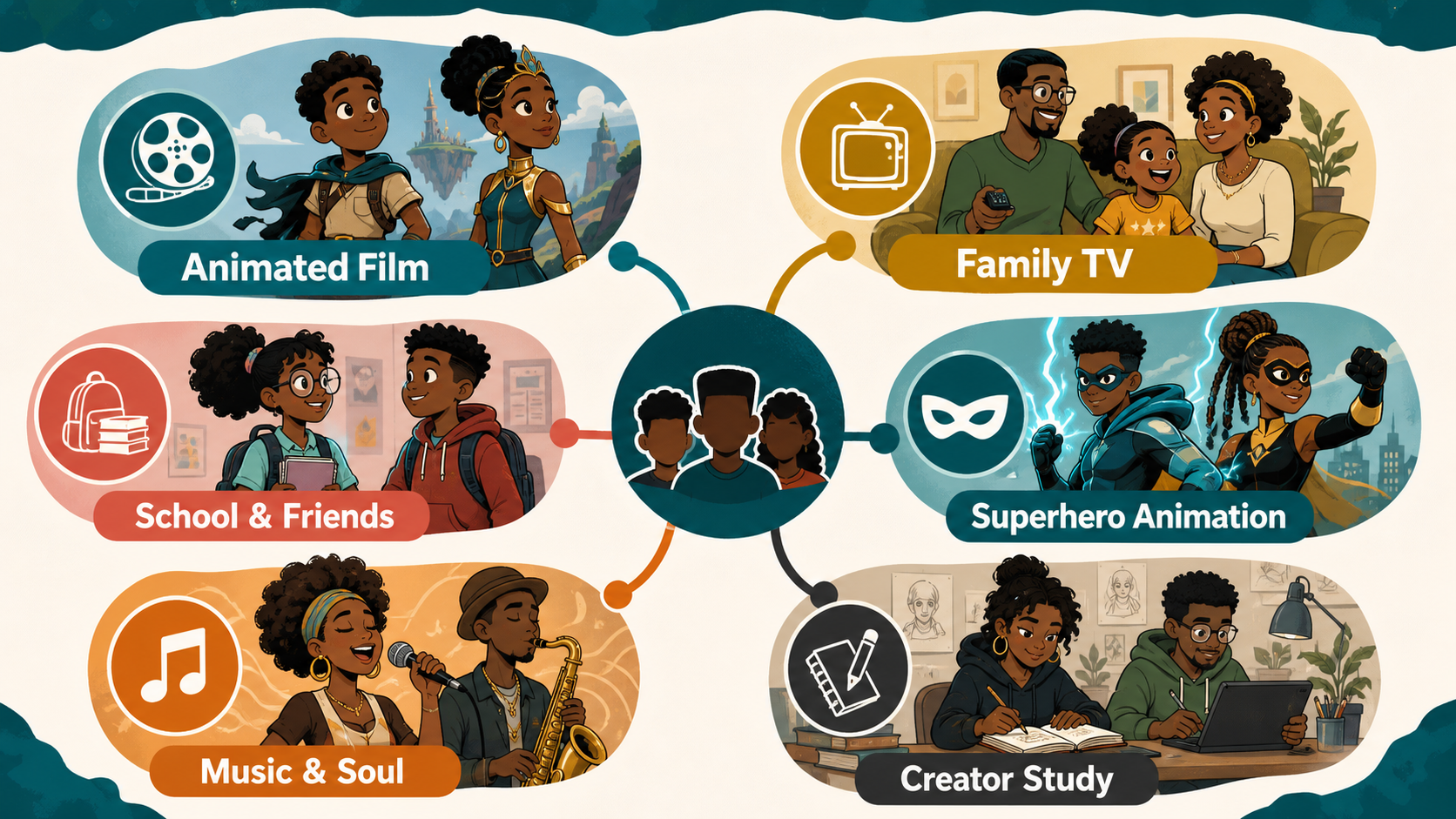 Recognition map grouping Black cartoon character examples by film, family TV, school stories, superhero animation, music, and creator study.