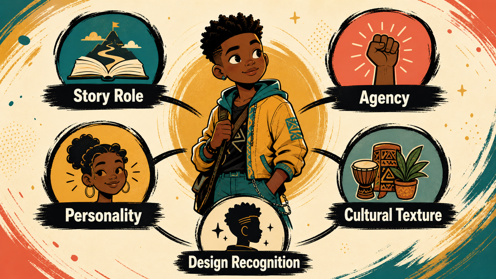 Representation criteria board for evaluating Black cartoon characters by story role, agency, personality, cultural texture, and design recognition.