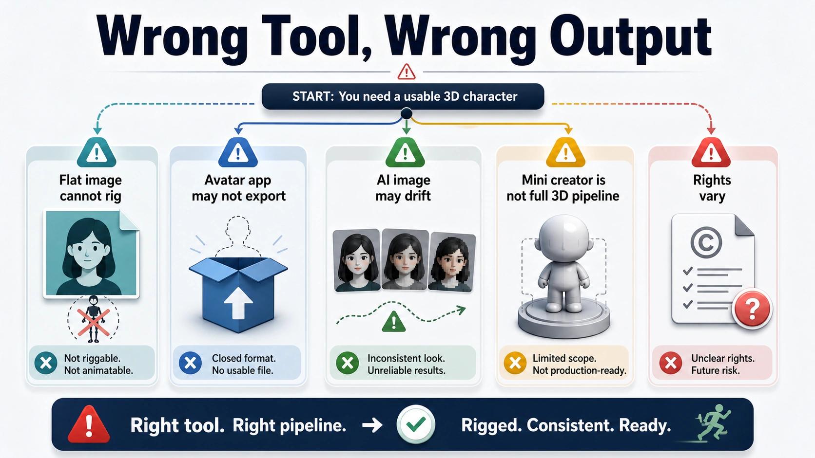 Wrong-route risk map showing export, pose, style, licensing, and identity drift traps in character creators