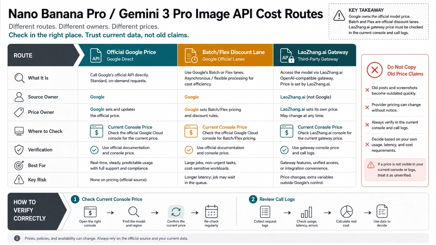 Price-owner map for Nano Banana Pro API routes, showing Google official rows, gateway platform checks, and operator evidence