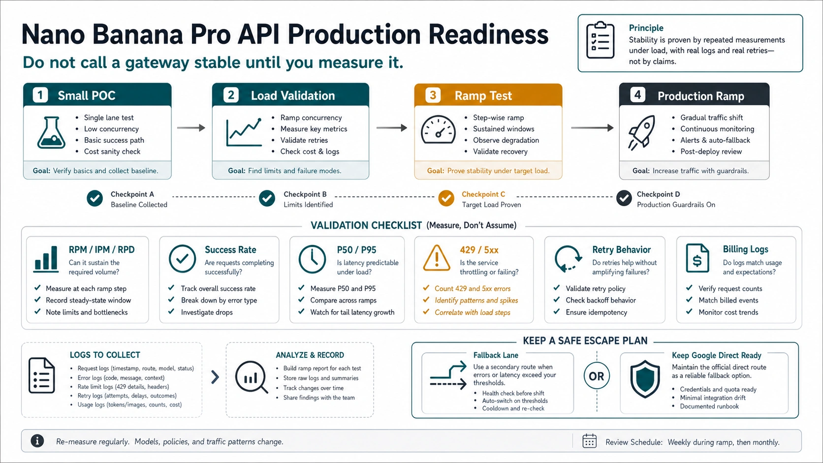 Stability validation board for Nano Banana Pro API, covering quota, request logs, success rate, P50 and P95 latency, retry cost, and fallback checks