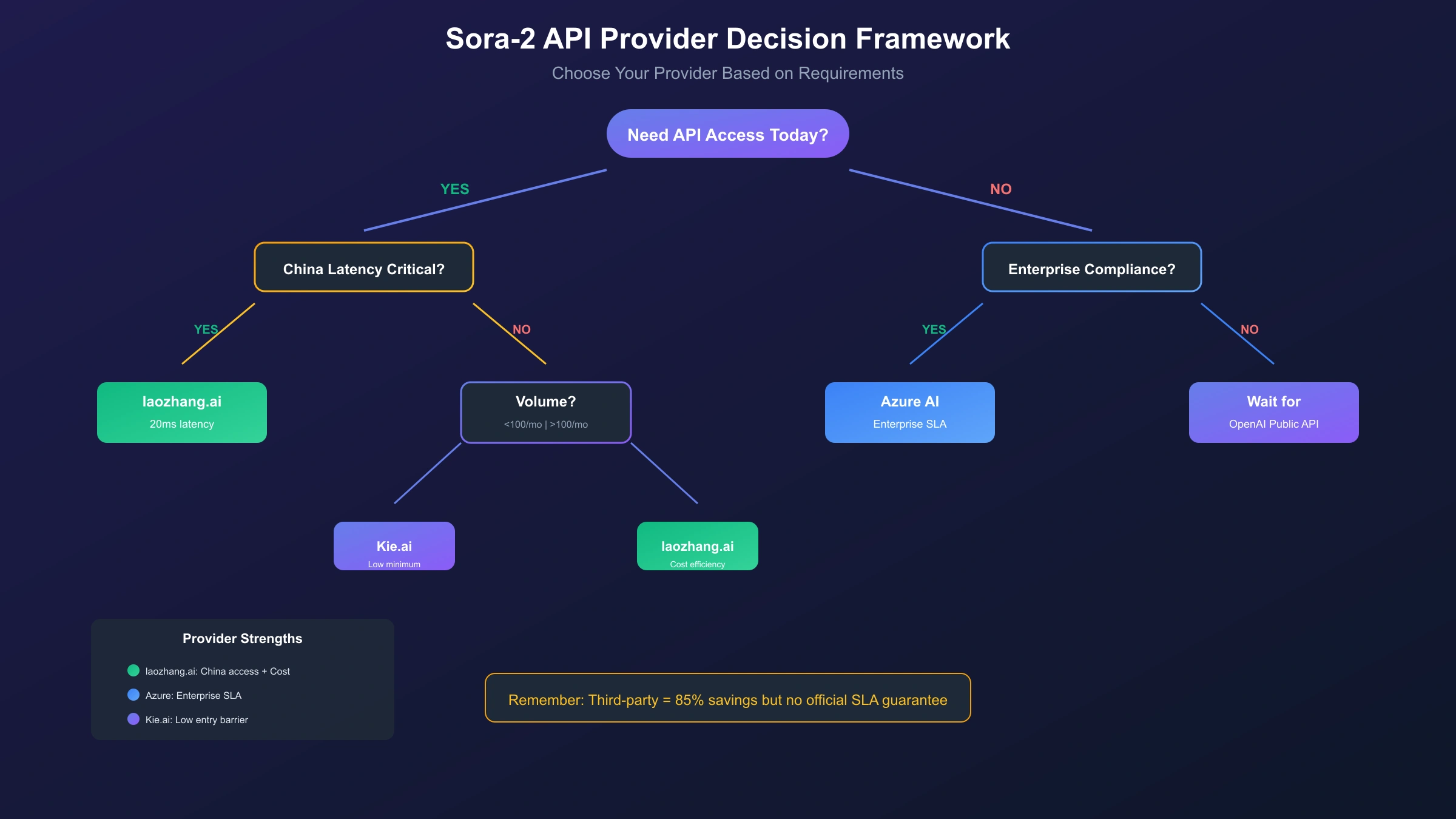 Decision framework flowchart for selecting optimal Sora-2 API provider based on use case and requirements