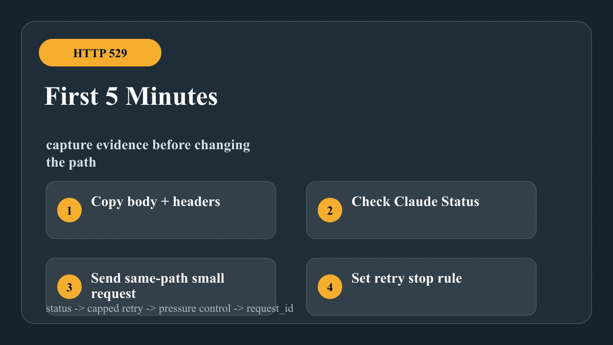 Five-minute Claude API 529 triage board