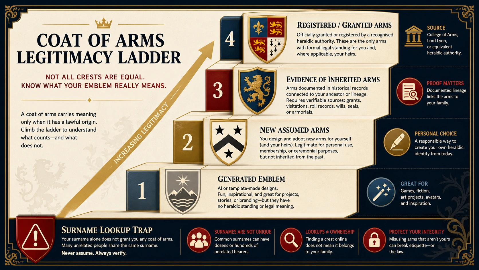 Legitimacy ladder showing generated emblems, assumed arms, inherited proof, registered or granted arms, and surname traps