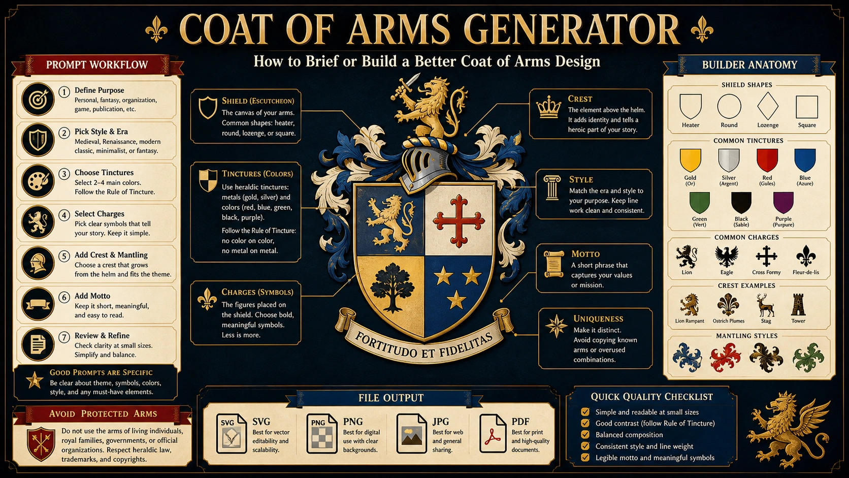 Annotated coat of arms prompt and builder anatomy with shield, tinctures, charges, crest, motto, uniqueness, and output file checks