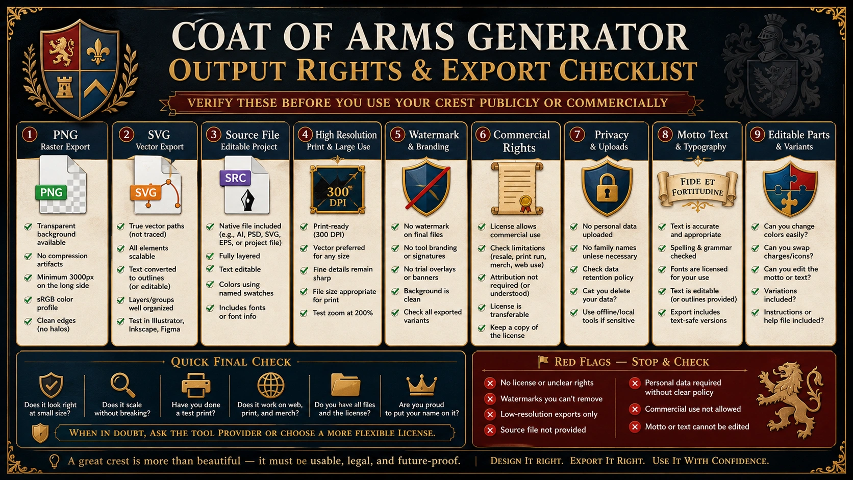 Checklist for coat of arms generator export, watermark, commercial rights, privacy, motto text, and editable parts