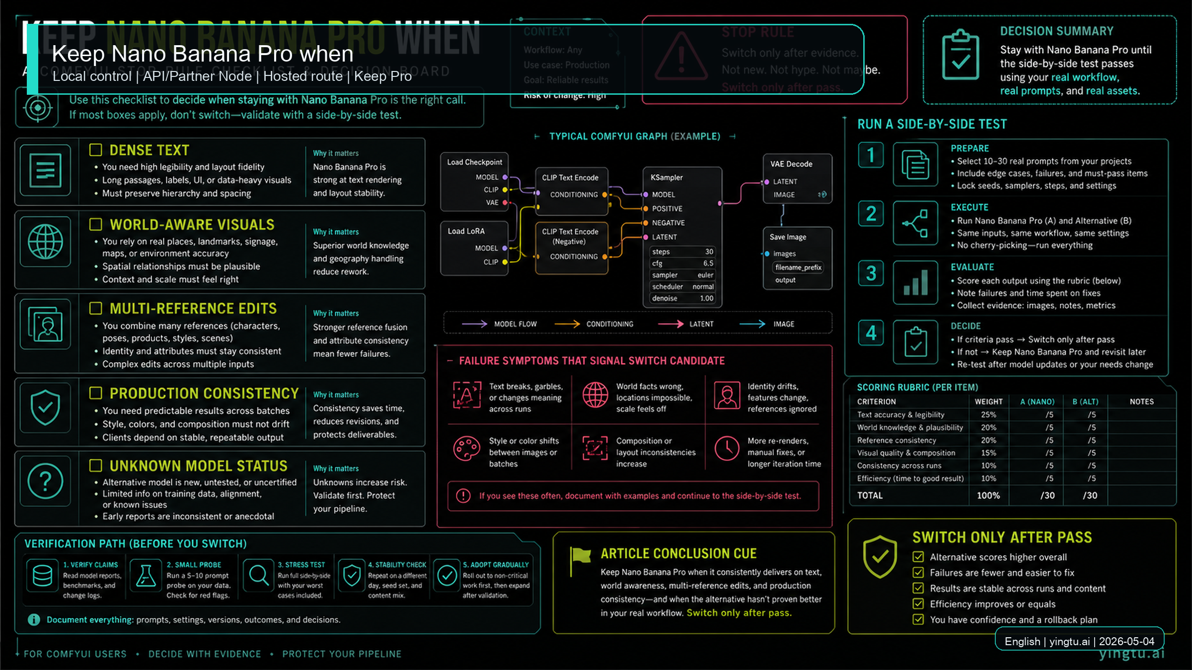 Checklist for keeping Nano Banana Pro when dense text, world knowledge, or multi-reference reliability matters.