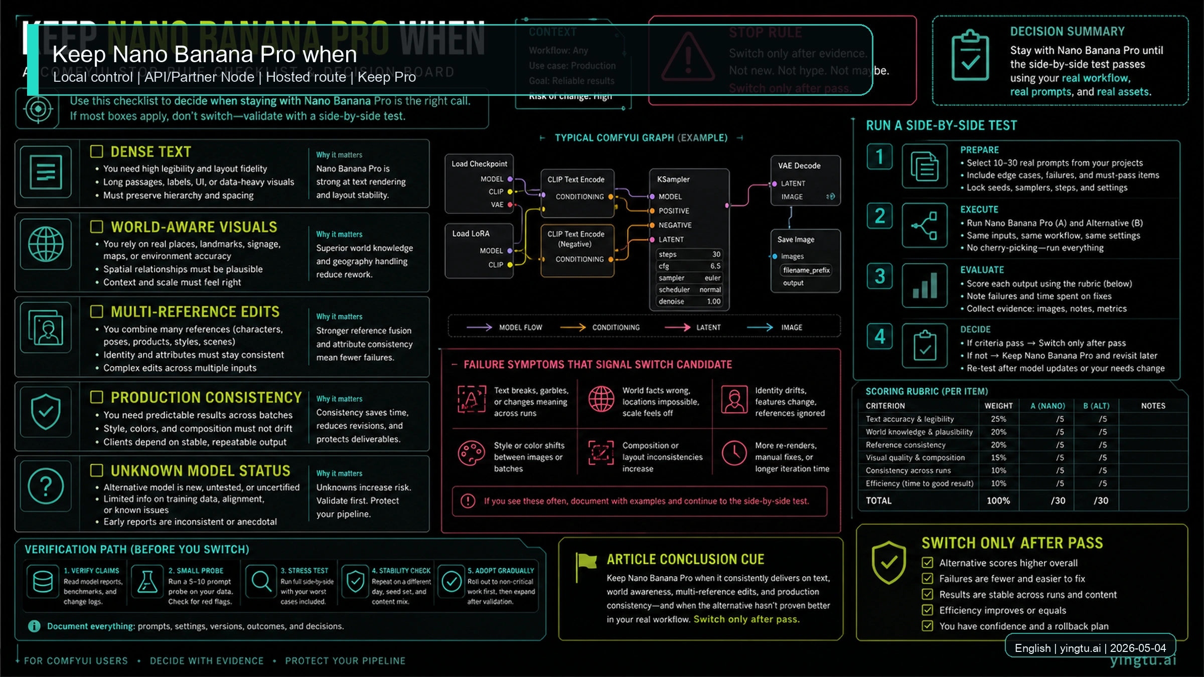 Checklist for keeping Nano Banana Pro when dense text, world knowledge, or multi-reference reliability matters.