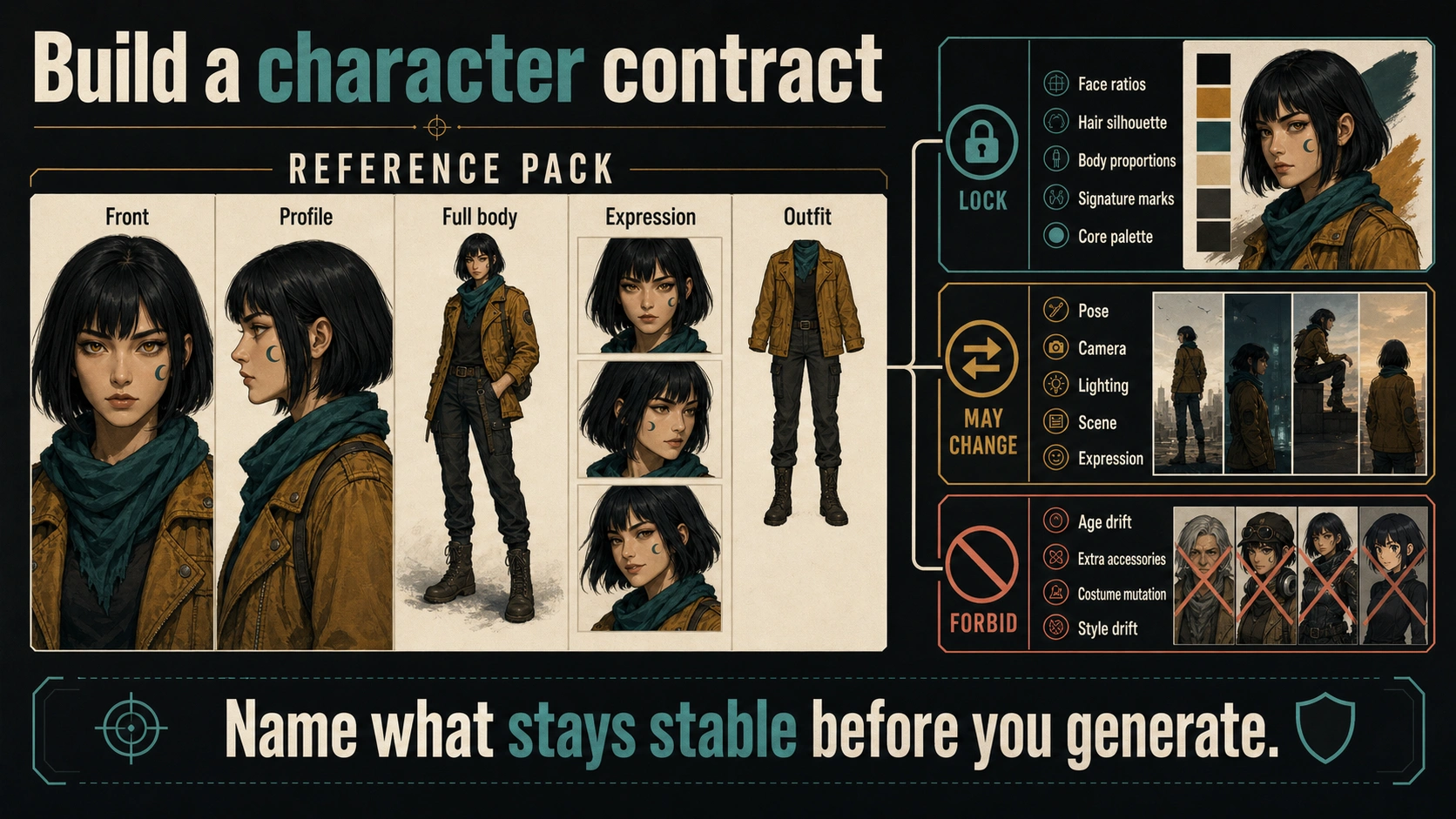 Character reference pack with locked, variable, and forbidden attributes