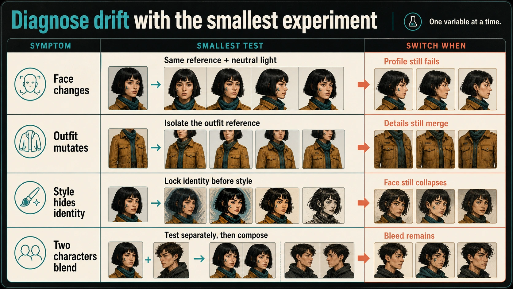 Character drift diagnosis by symptom, smallest test, and switch condition