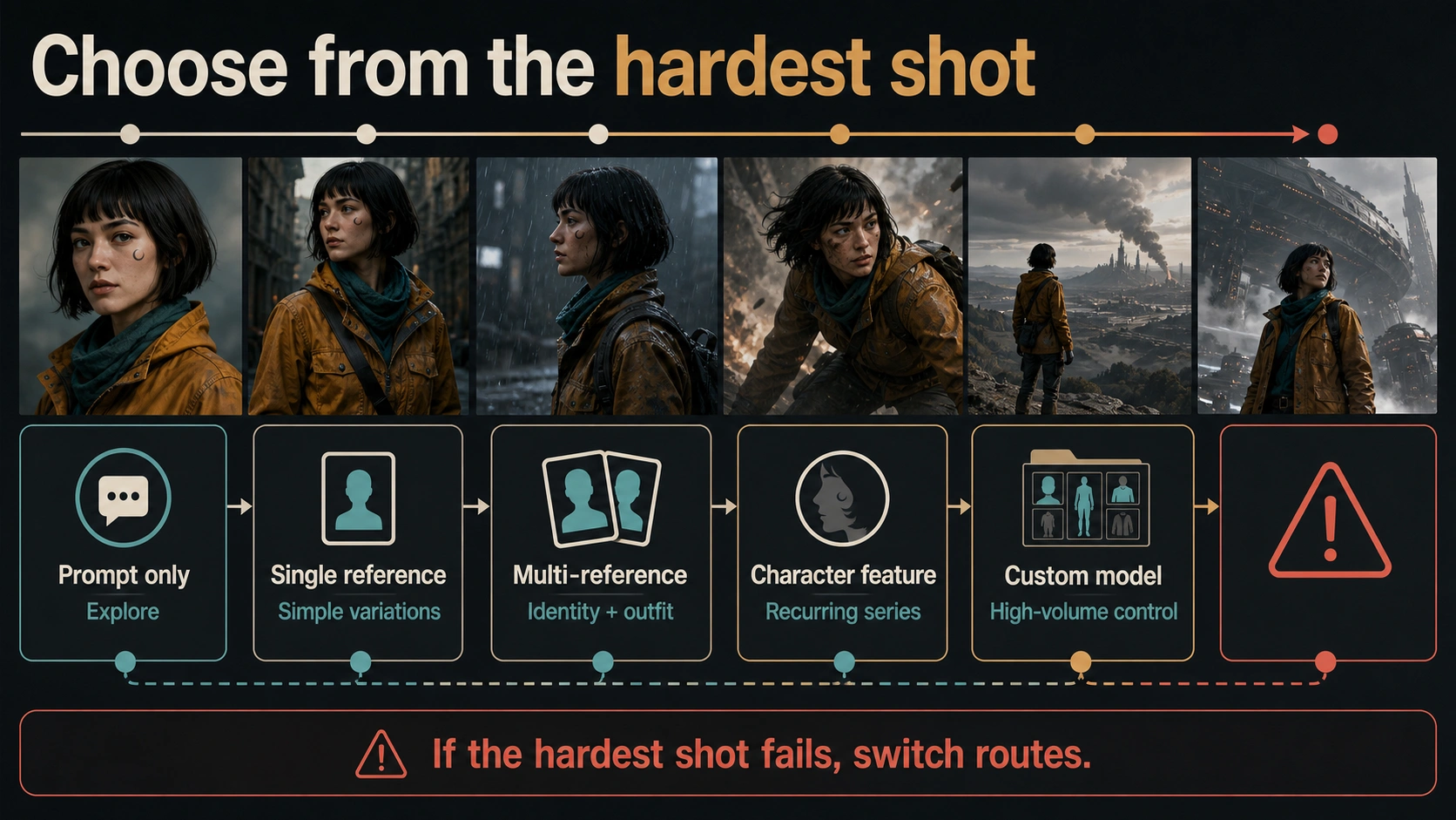 Route map for choosing a character consistency method from the hardest shot