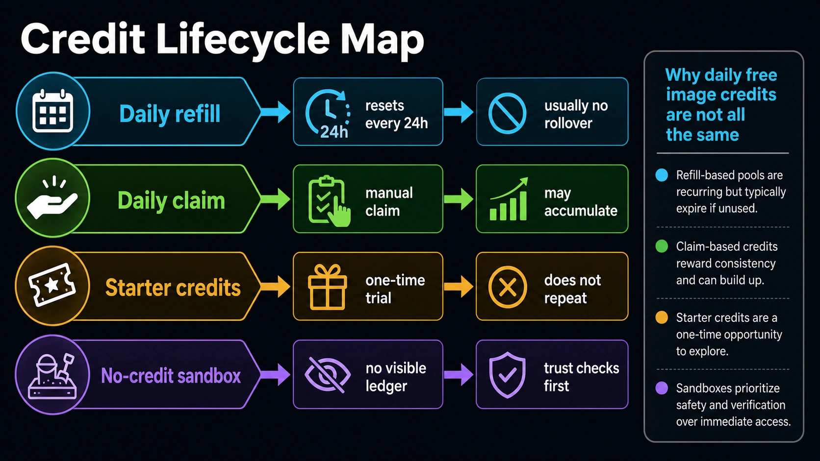 Credit lifecycle map comparing daily refill, daily claim, starter credits, and no-credit sandbox mechanics