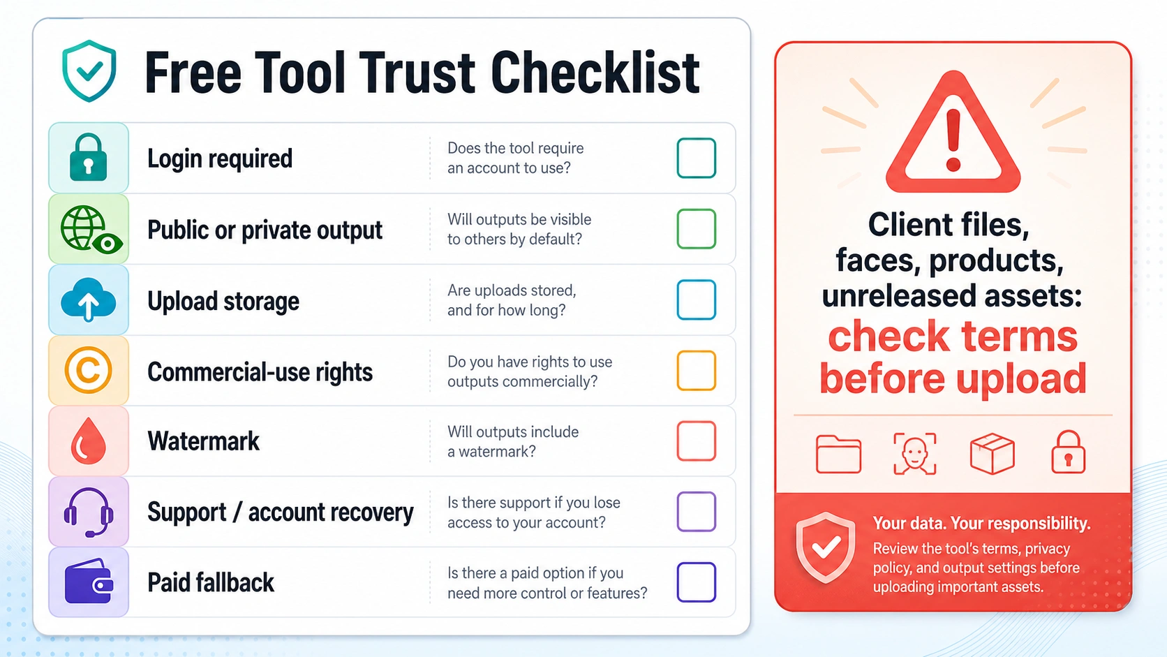 Trust checklist for free AI image generators covering login, public output, upload storage, commercial-use rights, watermark, support, and paid fallback