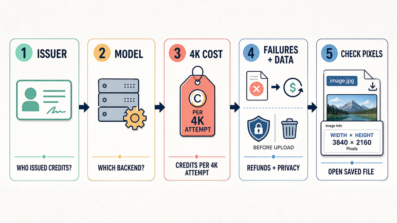Five-step audit for issuer, model, 4K credit cost, failure policy, and saved dimensions