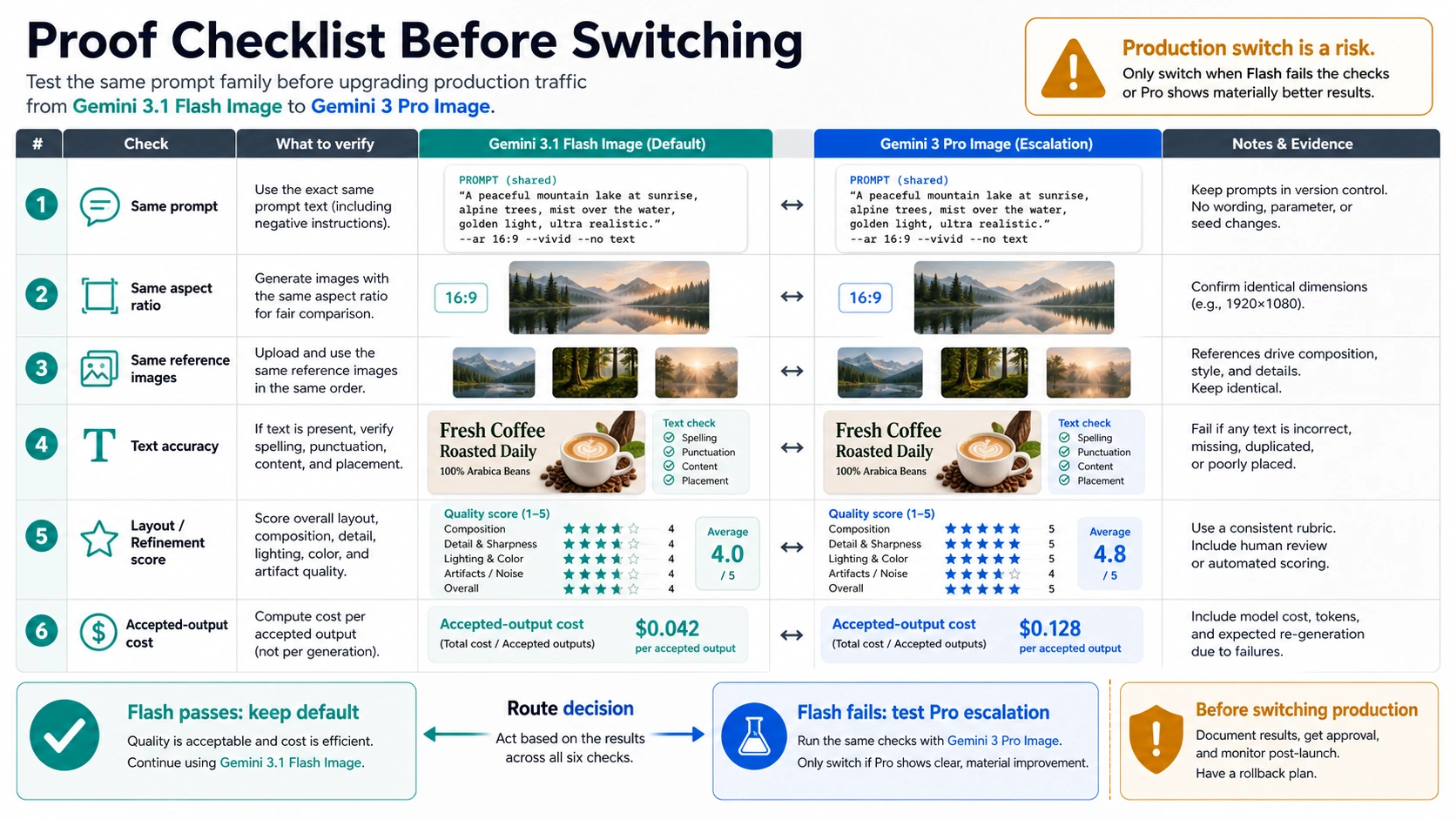Same-prompt proof checklist for testing Flash against Pro before switching production image traffic