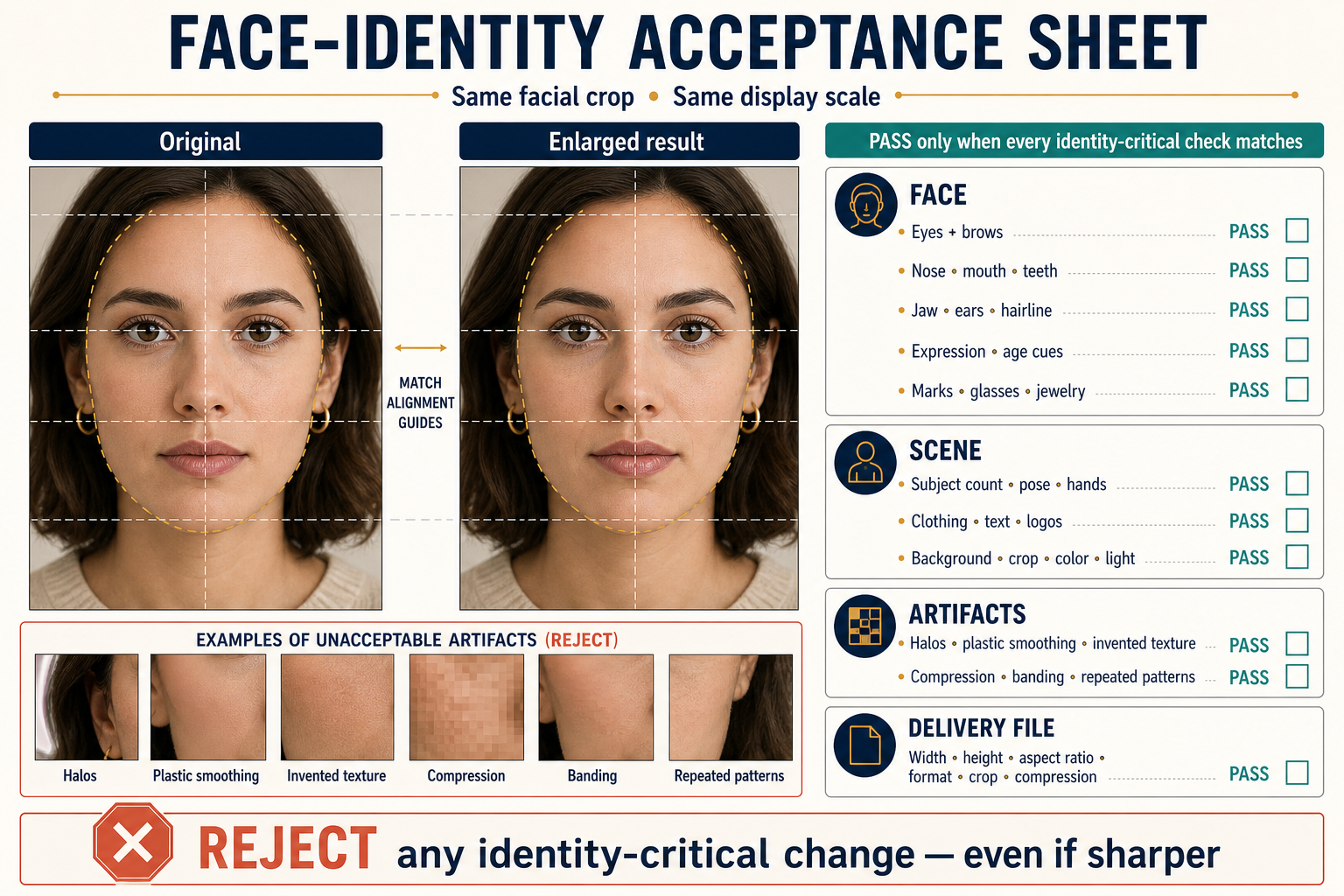 Face-identity acceptance sheet comparing the same facial crop and checking facial geometry, expression, identity marks, artifacts, and output dimensions